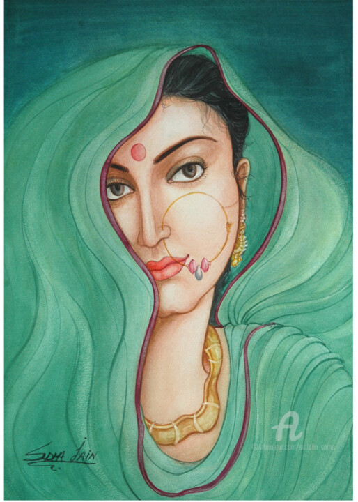 Painting titled "BEAUTY BEHIND GREEN" by Suddha Sama, Original Artwork, Watercolor
