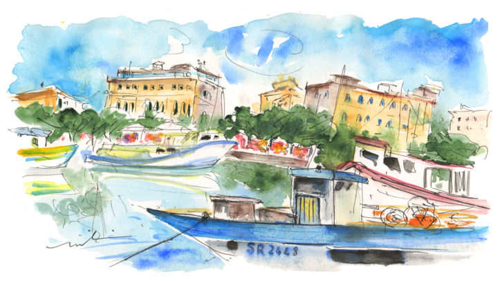 Boats in Siracusa 01 绘画, 5.9x11.8 in