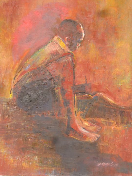 Painting titled "Boy studying at nig…" by Benedict Adedipe, Original Artwork, Oil