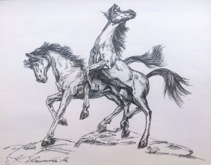 Horses play 图画, 7.9x11.8 in