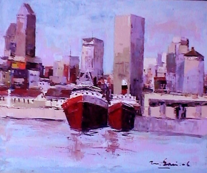 Peinture intitulée "Vue du port " par M'Hamed Saci, Œuvre d'art originale