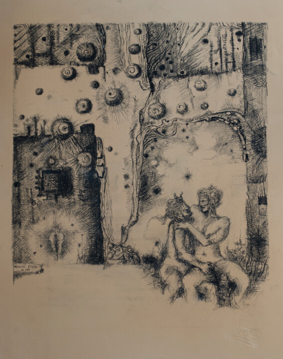 Drawing titled "Couple with balloon…" by Mandy Sand, Original Artwork, Charcoal