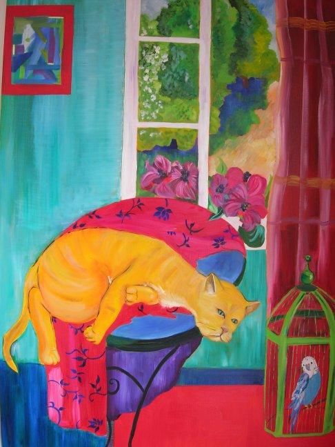 Peinture intitulée "interieur au chat j…" par Nadege Frazié, Œuvre d'art originale, Huile