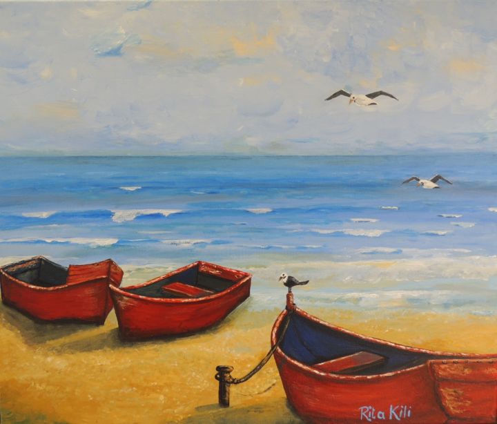 Painting titled "Fisher Boats on Wes…" by Rita Kili, Original Artwork, Acrylic