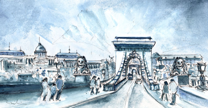 Chain Bridge In Budapest 绘画, 5.9x11.8 in