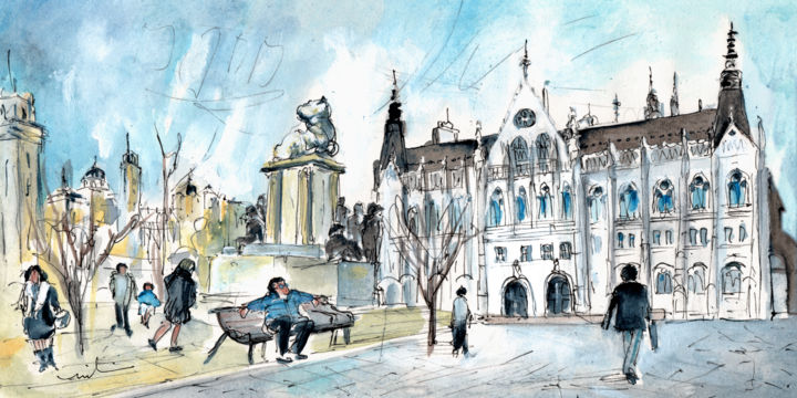 The Parliament Square In Budapest 绘画, 5.9x11.8 in