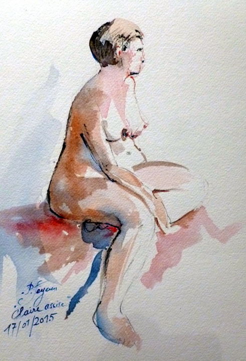 Peinture intitulée "CLAIRE assise" par Pierre Feyeux, Œuvre d'art originale, Aquarelle