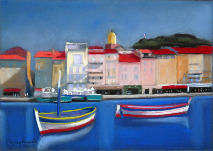 Dibujo titulada "Barques à Saint Tro…" por Jacques Peyrelevade, Obra de arte original, Pastel