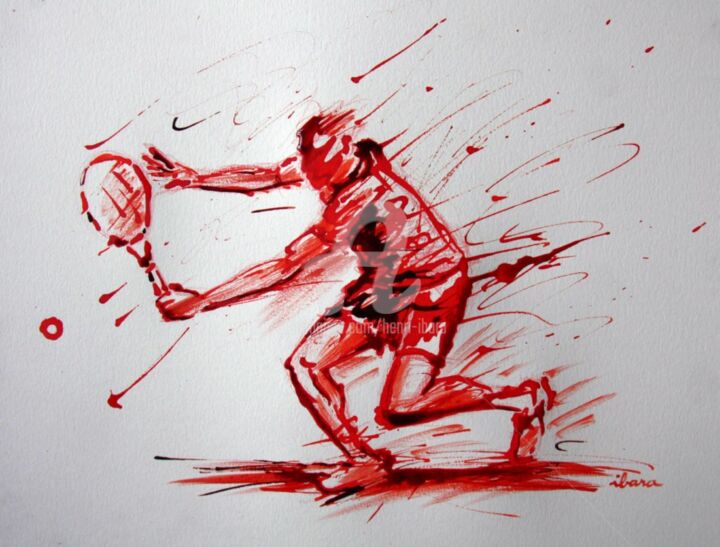 tennis-n-9-dessin-d-ibara-a-l-encre-rouge-et-sanguine-sur-papier-aquarelle-300gr-format-30cm-sur-42cm.jpg 图画, 11.8x16.5 in