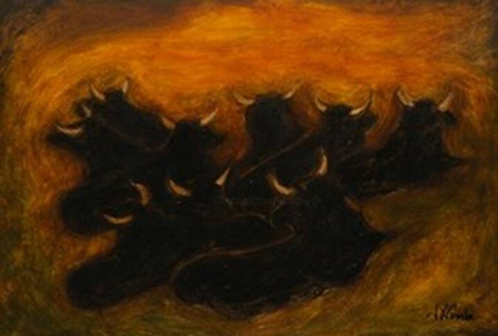 " Taureaux au repos " 绘画, 23.6x34.7 in
