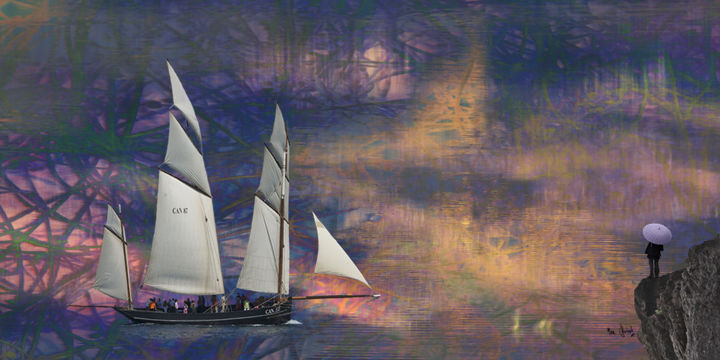 L'homme au parapluie salut le départ du bateau. 数字艺术