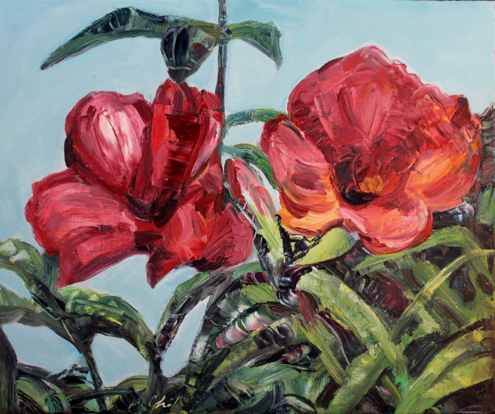 Peinture intitulée "Fleurs rouges" par Nathalia Chipilova, Œuvre d'art originale, Huile Monté sur Châssis en bois
