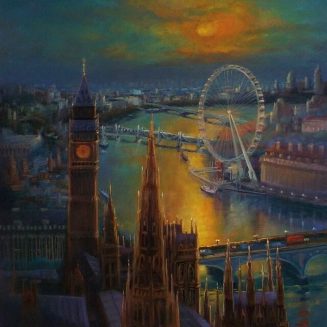 Schilderij getiteld "Waterloo Sunset" door Lee Campbell, Origineel Kunstwerk, Olie