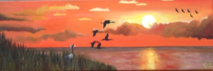 Peinture intitulée "grues-cendrees-au-c…" par Nadine Bichon, Œuvre d'art originale, Huile