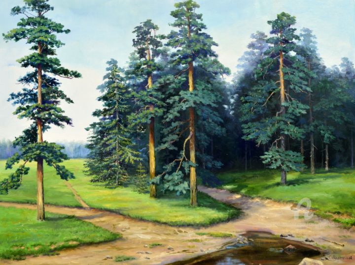 Peinture intitulée "Pine trees." par Sergey Lutsenko, Œuvre d'art originale, Huile Monté sur Châssis en bois