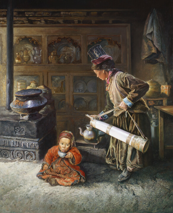 Peinture intitulée "bazard-le-the-au-la…" par Alain Bazard, Œuvre d'art originale, Huile