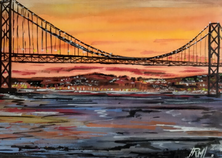 Ponte 25 de abril a noite - Lisboa 绘画, 9.1x11 in