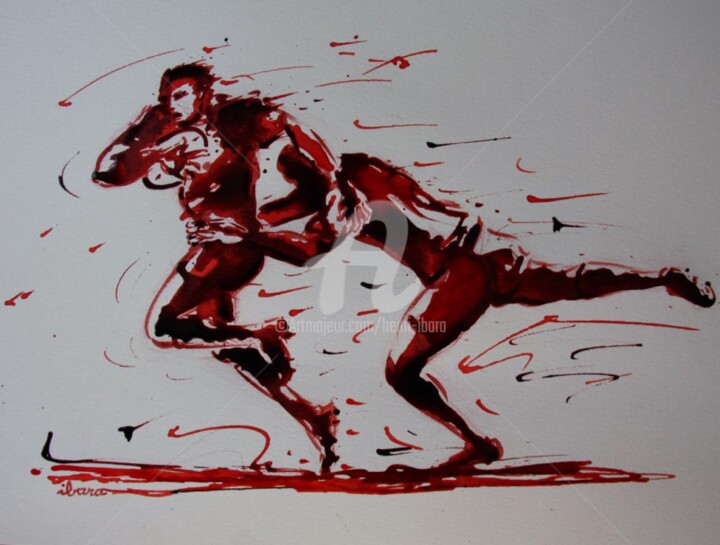 rugby-n-35-dessin-d-ibara-encre-rouge-et-sanguine-sur-papier-aquarelle-format-30cm-sur-42cm.jpg 图画, 11.8x16.5 in