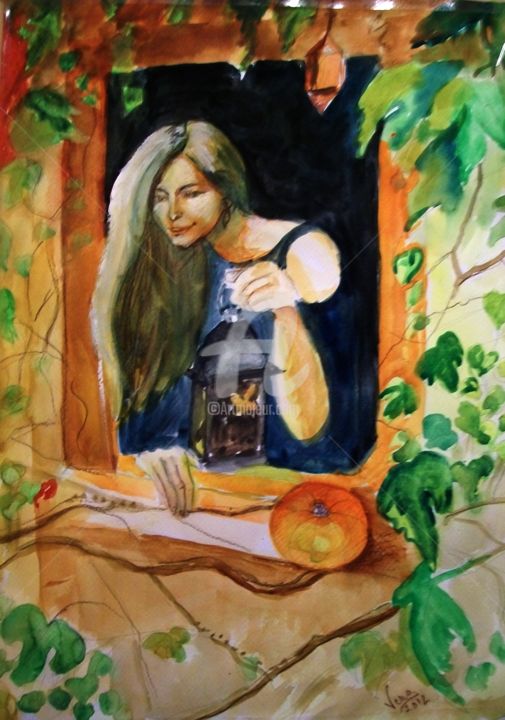 Pintura titulada "''girl at a window''" por Veronica Dinca, Obra de arte original, Acuarela