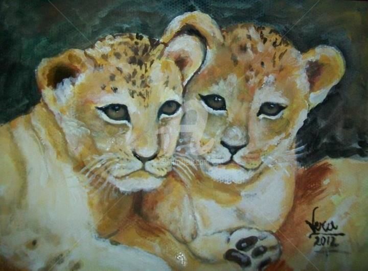 Pintura titulada "''Lions cubs''" por Veronica Dinca, Obra de arte original, Acuarela