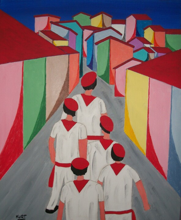 Tableau naif Sur le chemin des fêtes 绘画, 19.7x15.8 in