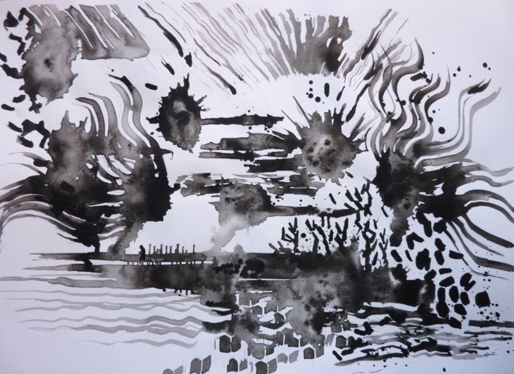 Sacrilège - peinture scène expressionniste 绘画, 11.4x16.5 in