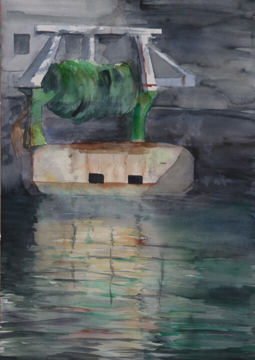 Peinture intitulée "Chalut au port" par M Batté Gauthier, Œuvre d'art originale, Aquarelle