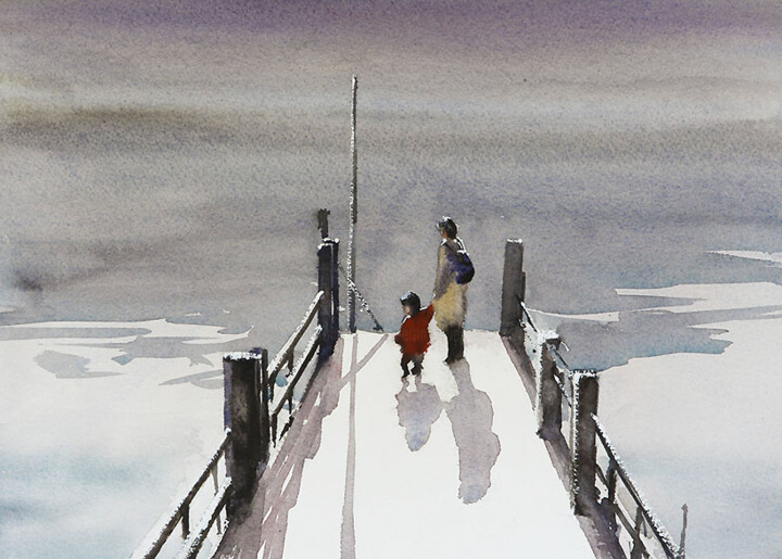 Pittura intitolato "At the Dock edge" da Manu Toxxic, Opera d'arte originale, Acquarello