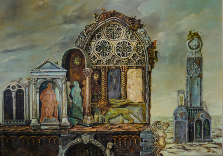 Painting titled "Venetian windows" by Mandy Sand, Original Artwork, Oil