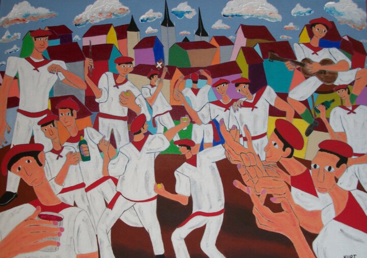 Tableau naif fêtes de Bayonne Un jour à Bayonne 绘画, 19.7x27.6 in