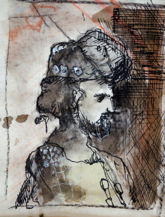 Painting titled "Head of a man" by Mandy Sand, Original Artwork, Ink