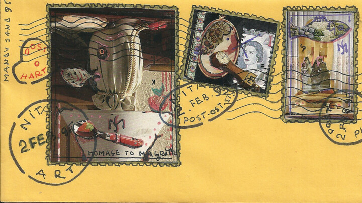 Drawing titled "Envelop and stamps" by Mandy Sand, Original Artwork, Ink