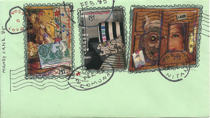 Drawing titled "Envelop and stamps…" by Mandy Sand, Original Artwork, Ink