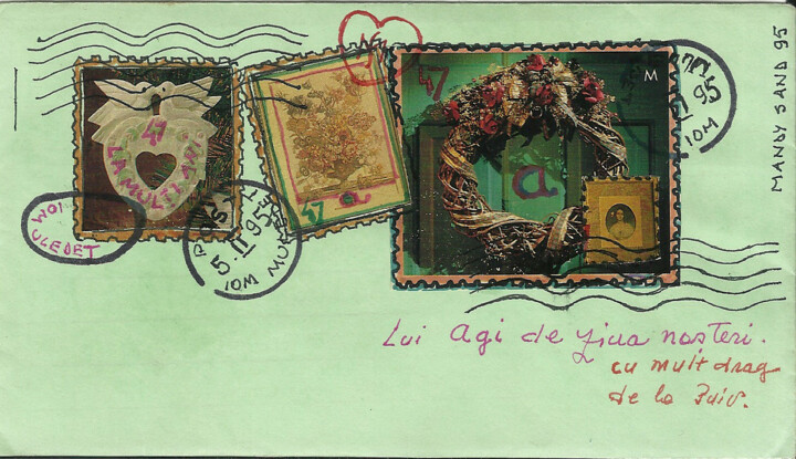 Drawing titled "Envelop and stamps…" by Mandy Sand, Original Artwork, Ink