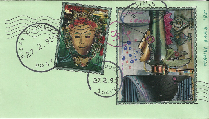 Drawing titled "Envelop and stamps…" by Mandy Sand, Original Artwork, Ink