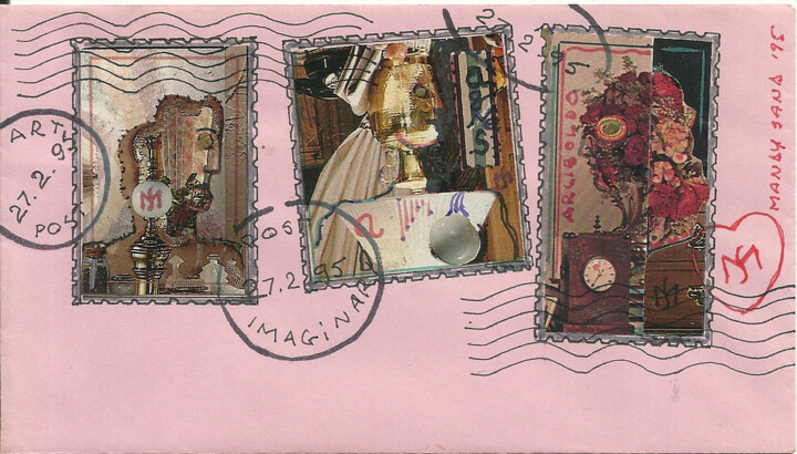 Drawing titled "Envelop and stamps…" by Mandy Sand, Original Artwork, Ink