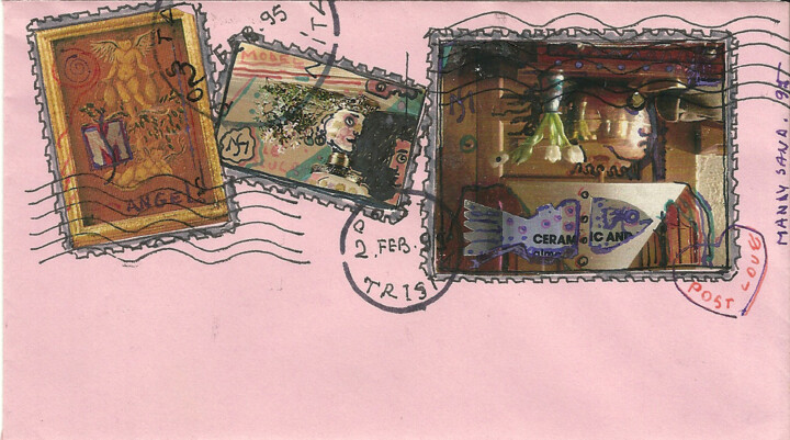 Drawing titled "Envelop and stamps…" by Mandy Sand, Original Artwork, Ink