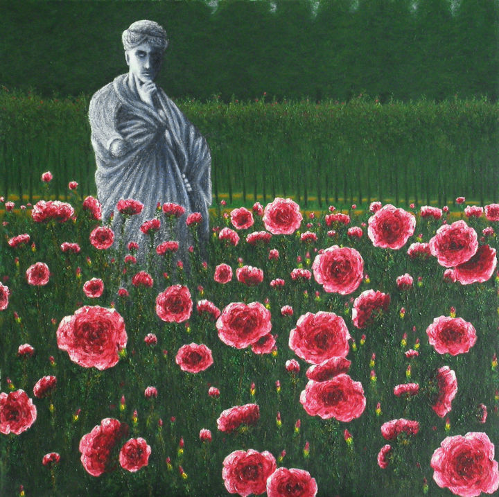 Peinture intitulée "statue pensive dans…" par Claude Guillemet, Œuvre d'art originale, Huile Monté sur Châssis en bois