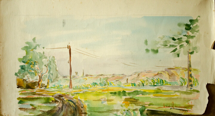 Painting titled "On the road" by Mandy Sand, Original Artwork, Watercolor