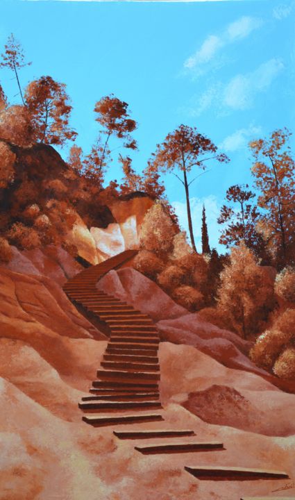 Ζωγραφική με τίτλο "chemin d'ocre" από Stephanie Ledroit, Αυθεντικά έργα τέχνης, Ακρυλικό