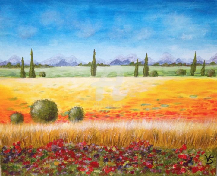 Painting titled "Cypresses in a field" by Victoria Samovarova, Original Artwork, Acrylic