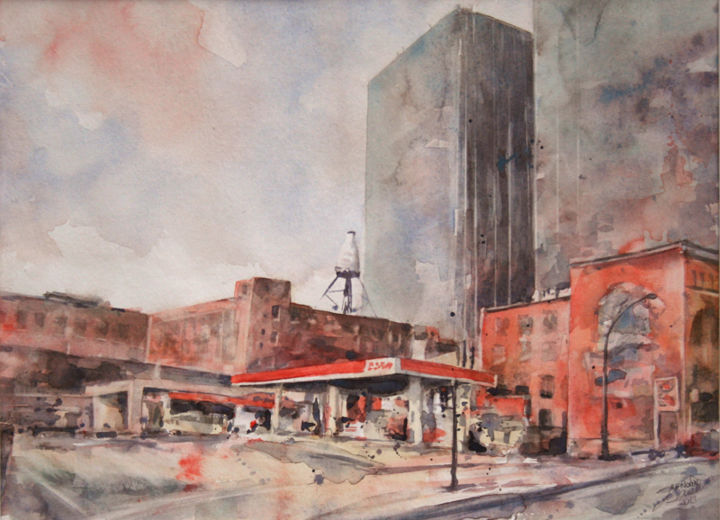 Station service - aquarelle de Montréal Painting, 11.8x15.8 in