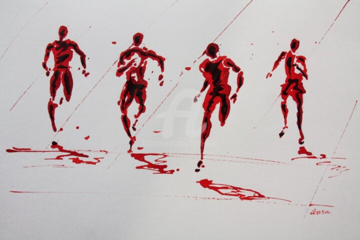 arrivee-100m-dessin-d-ibara-a-l-encre-rouge-sur-papier-aquarelle-300gr-format-30cm-sur-42cm.jpg 图画, 11.8x16.5 in