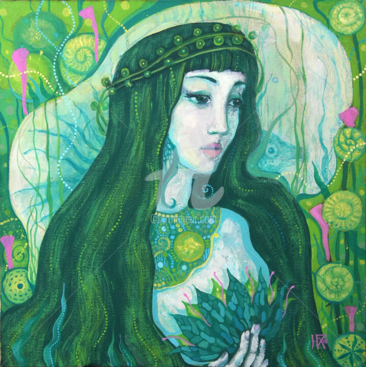 Green Mermaid, Surreal Portrait Fantasy Painting 绘画, 15.8x15.8 in