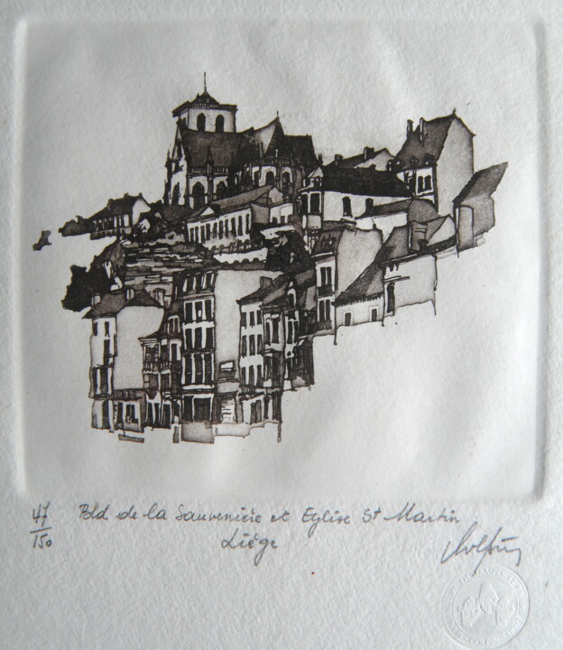 Liège - Boulevard Sauvenière et église St Martin 印花与版画, 6.3x5.7 in