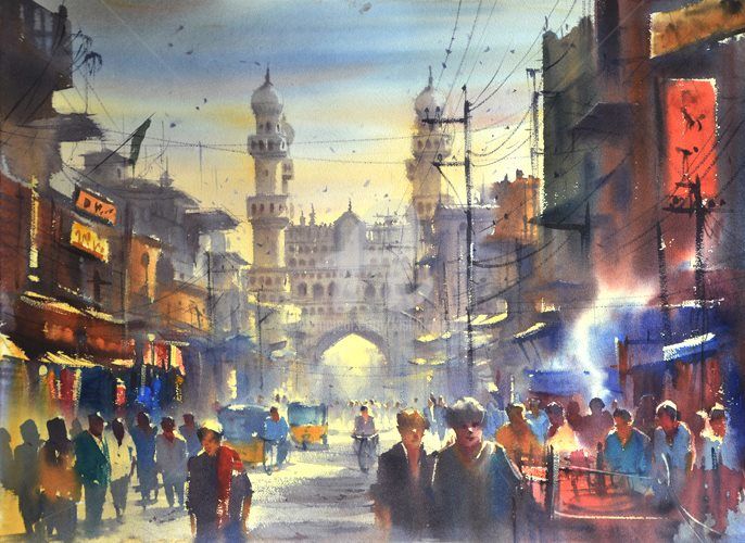 Painting titled "charminar-life-is-c…" by Kishore Singh, Original Artwork, Watercolor