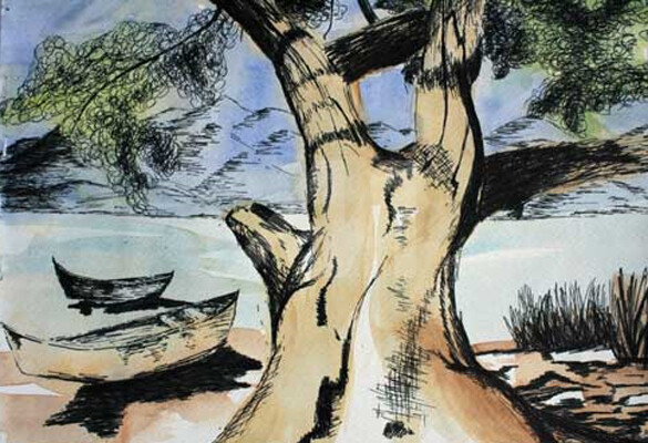 "Tree and Boats" başlıklı Tablo Bridget Howard tarafından, Orijinal sanat, Suluboya