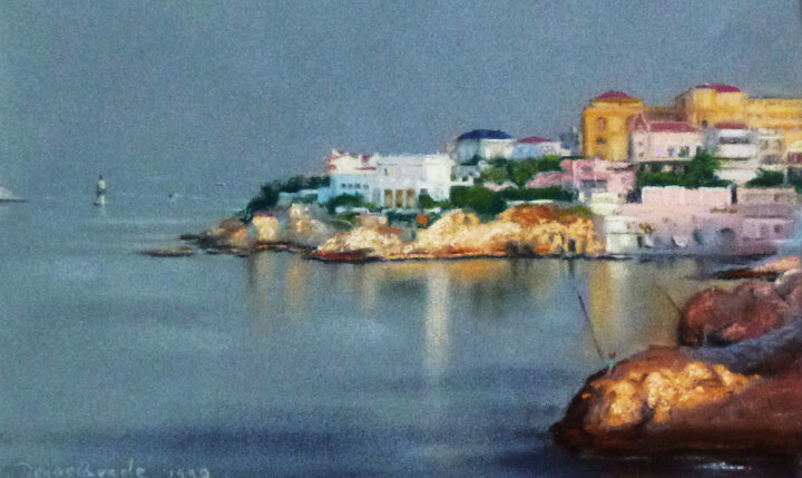 Peinture intitulée "Pêcheurs sur les ro…" par Jacques Peyrelevade, Œuvre d'art originale, Pastel Monté sur Carton