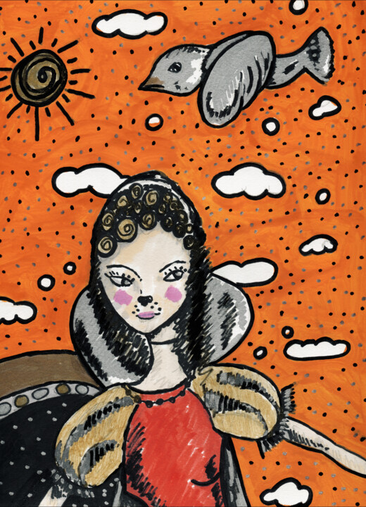 Dessin intitulée "Princesse oiseau" par Karine Garelli (Reds Robin), Œuvre d'art originale