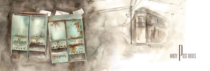 印花与版画 标题为“Minty postboxes” 由Gabrielė Venckutė, 原创艺术品, 其他